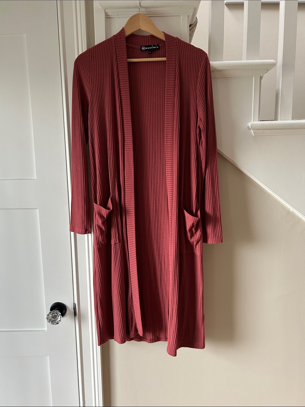 Wantable Ribbed Open-Front Long Cardigan - Brick Red